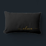 Black Gold Girly Script Monogram Name Modern Lumbar Pillow<br><div class="desc">Gold and Black Monogram Add Your Own Name Lumbar Pillow. This makes the perfect sweet 16 birthday,  wedding,  bridal shower,  anniversary,  baby shower or bachelorette party gift for someone that loves glam luxury and chic styles.</div>