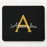Black Gold Girly Script Monogram Name Modern Mouse Pad<br><div class="desc">Gold and Black Monogram Add Your Own Name Mousepad (Mouse Pad). This makes the perfect sweet 16 birthday, wedding, bridal shower, anniversary, baby shower or bachelorette party gift for someone that loves glam luxury and chic styles.</div>