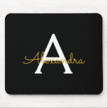 Black Gold Girly Script Monogram Name Modern Mouse Pad<br><div class="desc">Gold and Black Monogram Add Your Own Name Mousepad (Mouse Pad). This makes the perfect sweet 16 birthday, wedding, bridal shower, anniversary, baby shower or bachelorette party gift for someone that loves glam luxury and chic styles.</div>