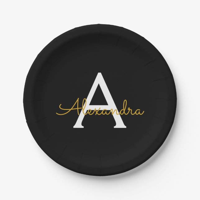 Black Gold Girly Script Monogram Name Modern Paper Plate (Front)