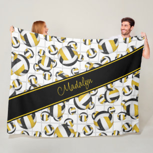 black gold girly volleyballs pattern w net accent fleece blanket