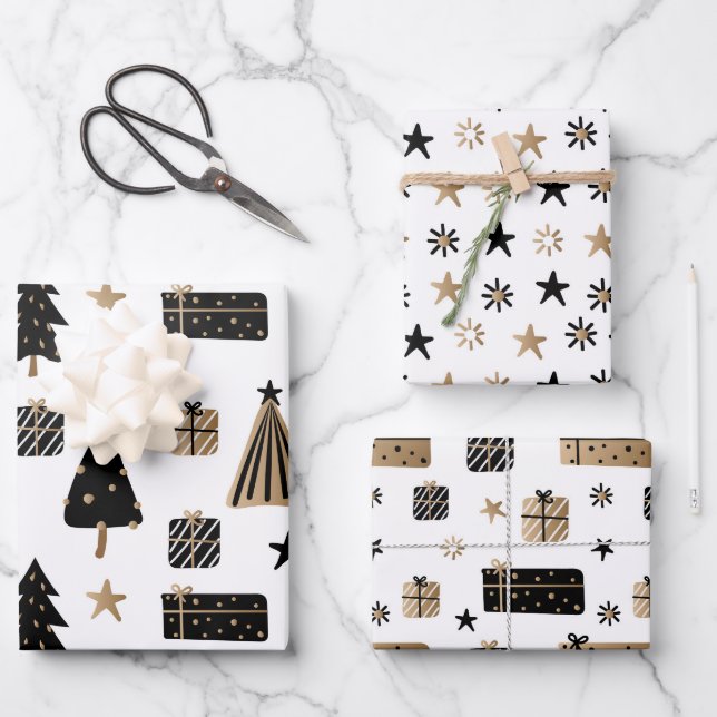 Black Gold Glam Gift Trees Pattern Christmas Wrapping Paper Sheet (Front)