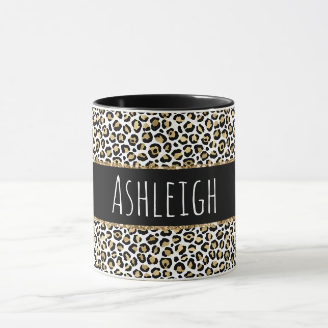 Black Gold Glam Leopard Print Personalized Mug (Center)