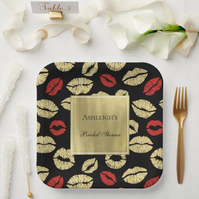 Black Gold Glam Lips Bridal Shower Paper Plate (Wedding)