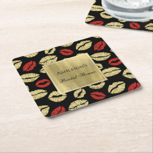 Black Gold Glam Lips Bridal Shower Square Paper Coaster