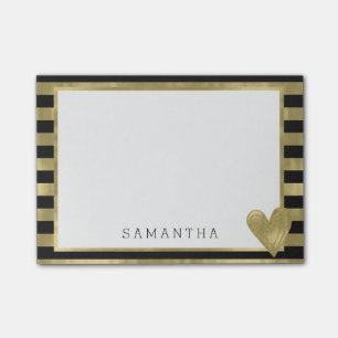 Black Gold Glam Stripes with Heart Personalized Post-it Notes