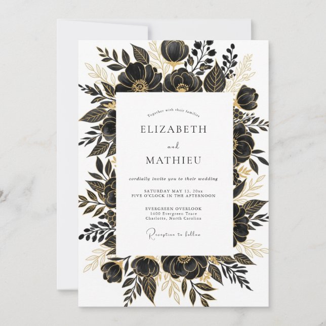 Black Gold Glamorous Floral Wedding Invitation (Front)
