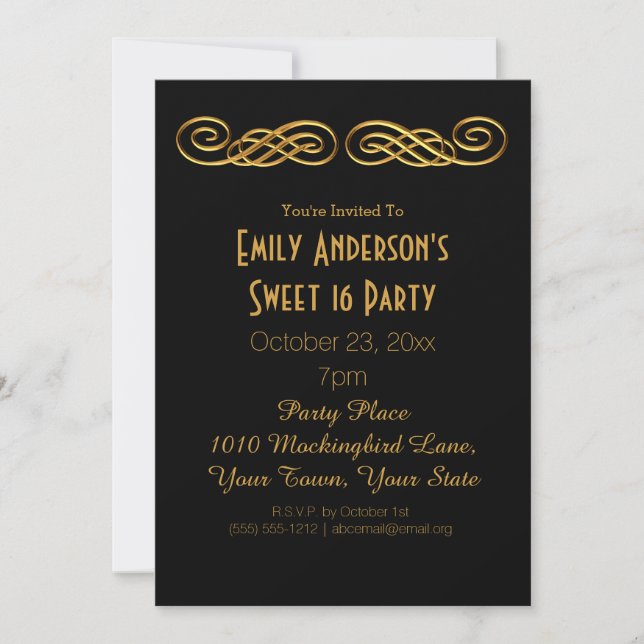 Black Gold Glamour Theme Sweet 16 Birthday Invitation (Front)