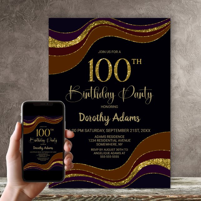 Black Gold Glitter 100th Birthday Party Invitation (Creator Uploaded)