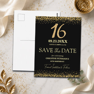 Black Gold Glitter 16th Birthday Save the Date Postcard