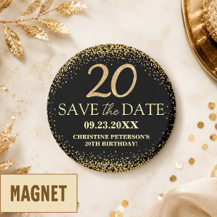 Black Gold Glitter 20th Birthday Save the Date Magnet