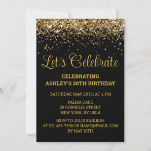 Black & Gold Glitter 30th Birthday Let's Celebrate Invitation