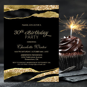 Black Gold Glitter 30th Birthday Party Invitation