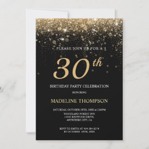 Black Gold Glitter 30th Birthday Personalized Age  Invitation