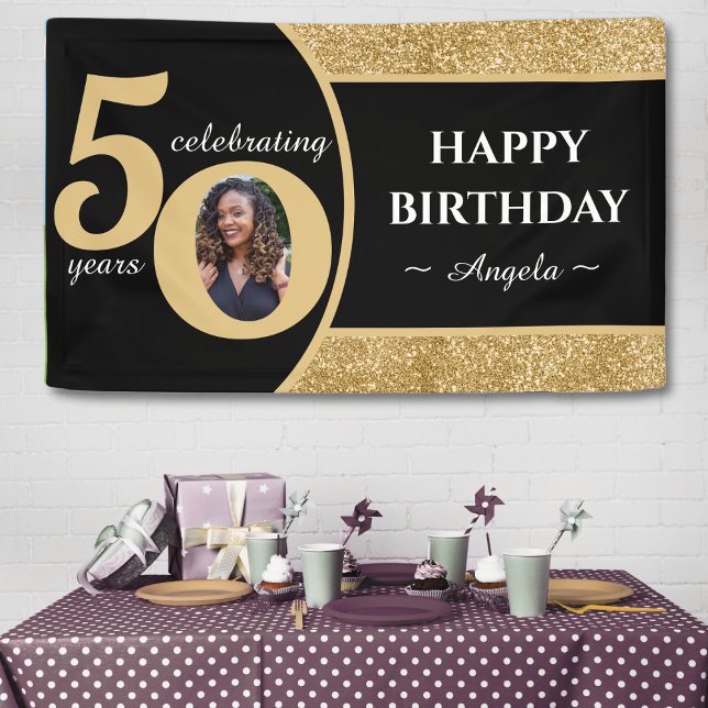 Black & Gold Glitter 50 Fifty Years 50th Birthday Banner (black & gold glitter 50th birthday party banner with photo)