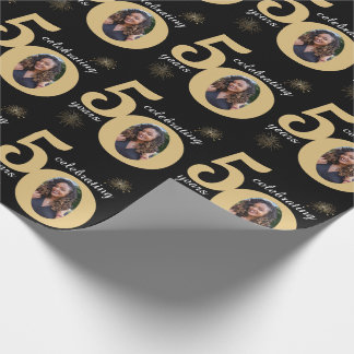 Black & Gold Glitter 50 Fifty Years 50th Birthday Wrapping Paper