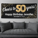 Black Gold Glitter 50th Birthday Banner<br><div class="desc">Elegant fiftieth birthday party banner featuring a stylish black background that can be changed to any colour,  gold sparkly glitter,  fifty gold hellium balloons,  and a modern 50th birthday celebration text template that is easy to personalize.</div>