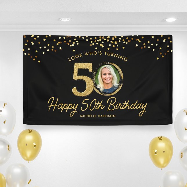 Black Gold Glitter 50th Birthday Party Your Photo  Banner (Creator Uploaded)
