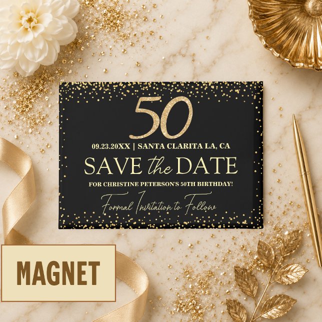 Black Gold Glitter 50th Birthday Save the Date Magnet (Creator Uploaded)