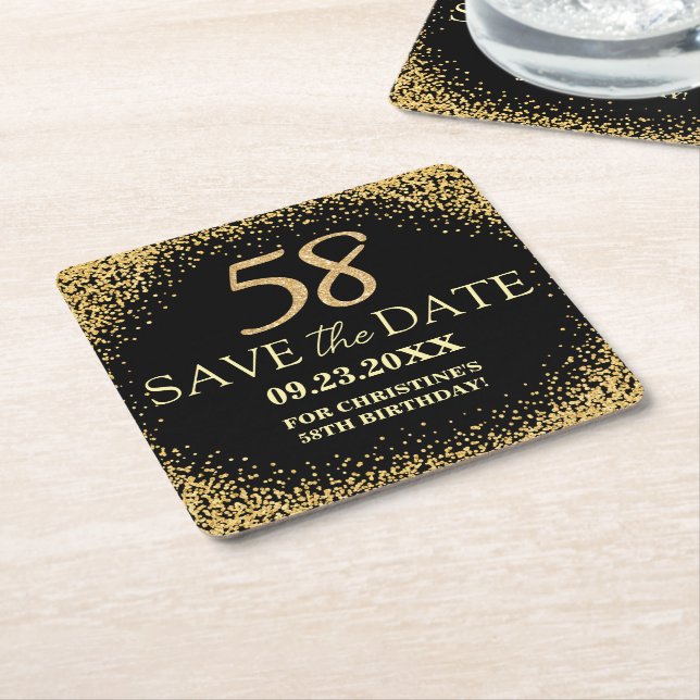 Black Gold Glitter 58th Birthday Save the Date Square Paper Coaster (Angled)