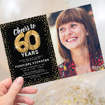 Black Gold Glitter 60th Birthday Photo Invitation<br><div class="desc">Elegant sixtieth birthday party invitation featuring a stylish black background that can be changed to any colour,  a photo of the birthday girl/boy,  gold sparkly glitter,  sixty gold hellium balloons,  and a modern 60th birthday celebration text template that is easy to personalize.</div>