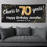 Black Gold Glitter 70th Birthday Banner<br><div class="desc">Elegant seventieth birthday party banner featuring a stylish black background that can be changed to any colour,  gold sparkly glitter,  seventy gold hellium balloons,  and a modern 70th birthday celebration text template that is easy to personalize.</div>