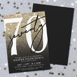 Black Gold Glitter 70th Birthday Invitation<br><div class="desc">Gold and Black Glitter 70th Birthday Party Invitation. Celebrate seventy in style with this bold and chic design. The top half features a large white “70” with a sassy handwritten black script “Seventy” layered over it, standing out against a faux gold glitter background that fades into a sleek black gradient....</div>