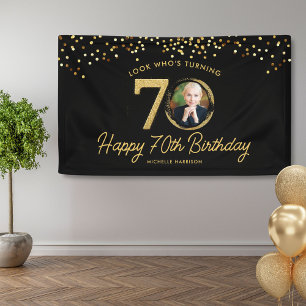 Black Gold Glitter 70th Birthday Party Your Photo Banner