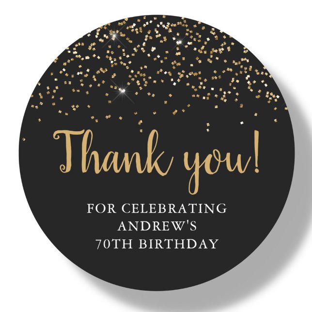 Black & Gold Glitter | 70th Birthday Thank You Classic Round Sticker (Creator Uploaded)