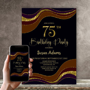 Black Gold Glitter 75th Birthday Party Invitation