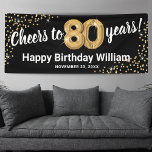 Black Gold Glitter 80th Birthday Banner<br><div class="desc">Elegant eightieth birthday party banner featuring a stylish black background that can be changed to any color,  gold sparkly glitter,  eighty gold hellium balloons,  and a modern 80th birthday celebration text template that is easy to personalize.</div>