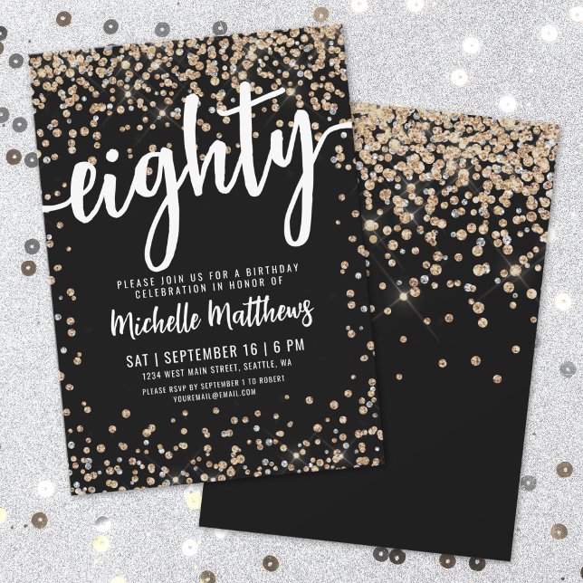 Black Gold Glitter 80th Birthday Invitation (Black Gold Glitter 80th Birthday Invitation)