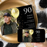 Black & Gold Glitter 90th Birthday  Invitation<br><div class="desc">Celebrate your special day in style with our black and gold glitter balloon birthday invitation! This stunning customizable invitation features a sleek black background with an eye-catching gold balloon and a cascade of gold glitter, creating a sophisticated and festive design that will make your guests feel excited to attend your...</div>