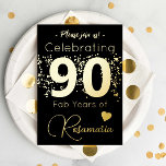 Black Gold Glitter 90th Birthday Party<br><div class="desc">Celebrate an 90th birthday in style with our fun black and gold themed invitation! The front features a striking gold foil design with charming gold flecks and a heart. Flip it over to find all the party details, highlighted with gold simulated art and text. Personalize your invitation with customizable options...</div>