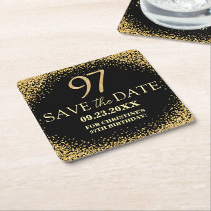 Black Gold Glitter 97th Birthday Save the Date Square Paper Coaster
