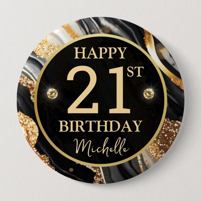 Black Gold Glitter Agate Birthday Badge 4 Inch Round Button (Front)
