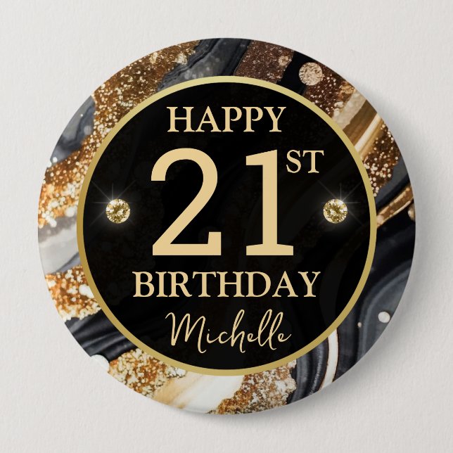 Black Gold Glitter Agate Birthday Badge 4 Inch Round Button (Front)