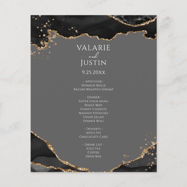 Black Gold Glitter Agate Budget Wedding Menu Flyer (Front)