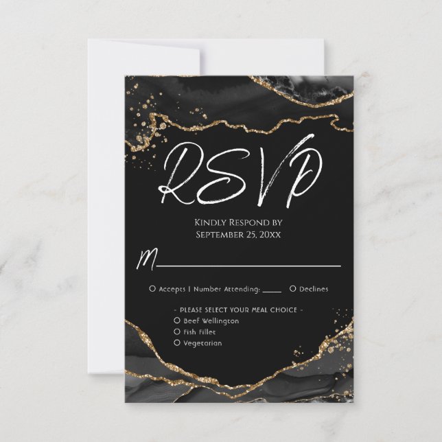 Black Gold Glitter Agate Stone Wedding RSVP Card (Front)