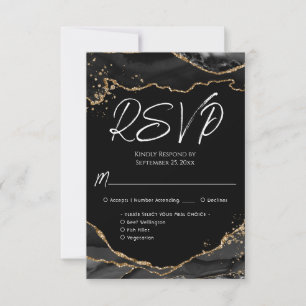 Black Gold Glitter Agate Stone Wedding RSVP Card