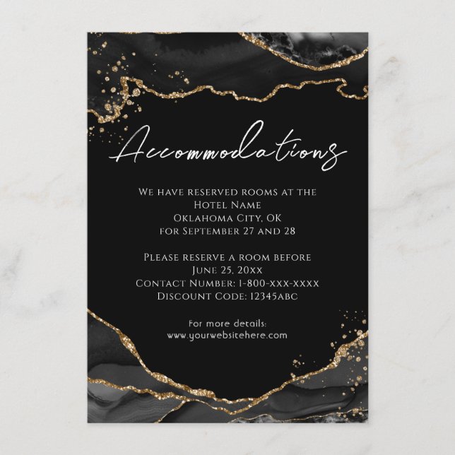 Black Gold Glitter Agate Wedding Accommodations  E Enclosure Card (Front)