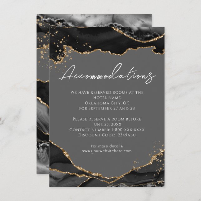 Black Gold Glitter Agate Wedding Accommodations  Enclosure Card (Front/Back)
