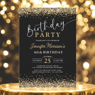 Black Gold Glitter Any Age 40th Birthday  Invitation