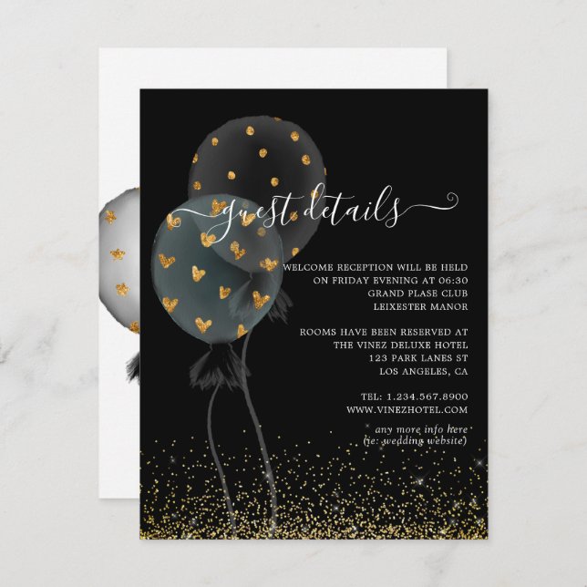 Black & Gold Glitter Balloon Wedding Guest Details Enclosure Card (Front/Back)