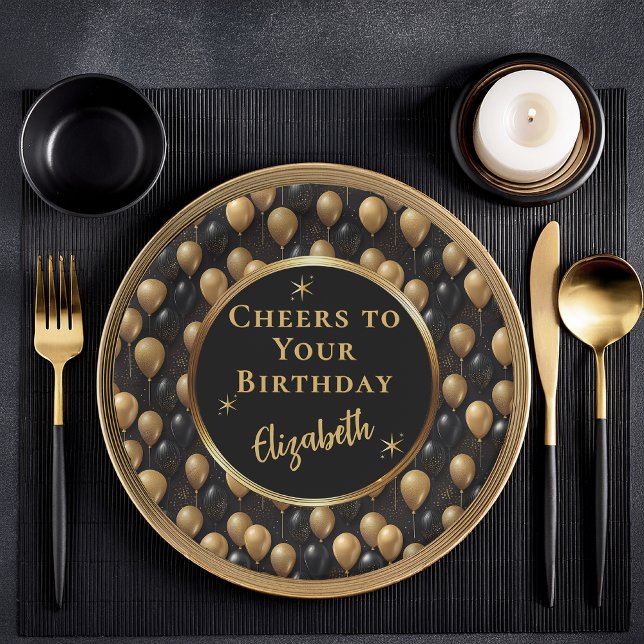 Black Gold Glitter Balloons Birthday Cheers Paper Plate (Elegant Black and Gold Faux Glitter Balloons A024" Cheers to Your Birthday" [Name] Paper Plates)