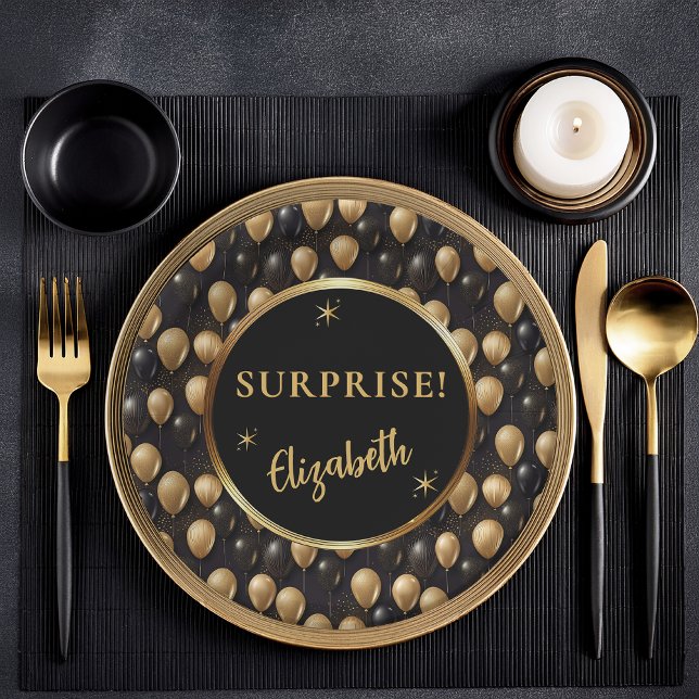 Black Gold Glitter Balloons Birthday Surprise Paper Plate (Elegant Black and Gold Faux Glitter Balloons Pattern A025 "Surprise!" [Name] Paper Plates)