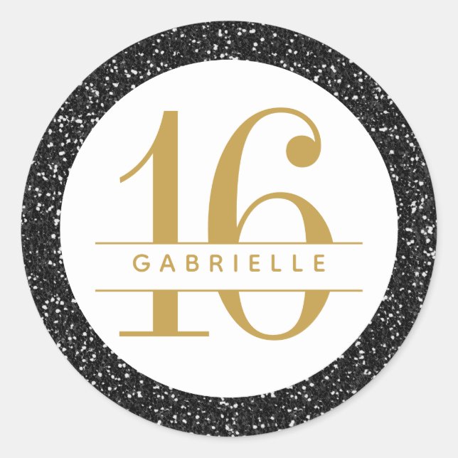 Black Gold Glitter Birthday Favour Sticker Label (Front)