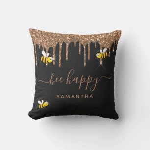Black gold glitter bumble bees be happy monogram outdoor pillow