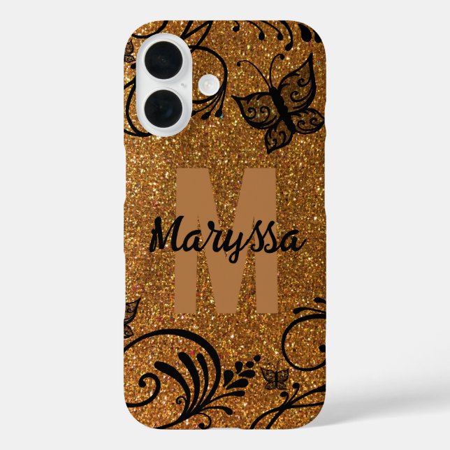 Black Gold Glitter Butterfly Flower Monogram Name Case-Mate iPhone Case (Back)