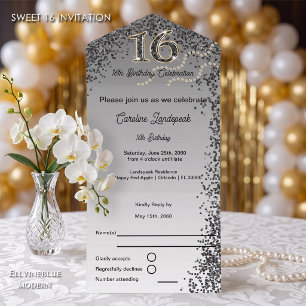 Black & Gold Glitter Calligraphy Number Sweet 16  All In One Invitation